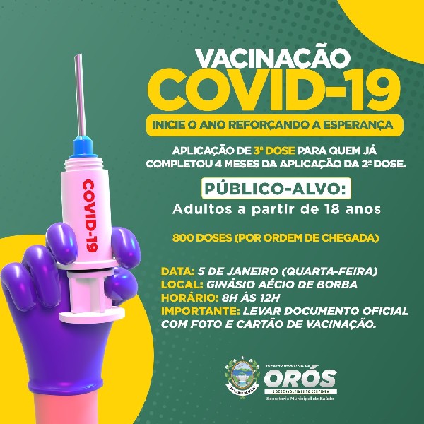 VACINAÇÃO COVID-19 - 3ª DOSE - PÚBLICO A PARTIR DE 18 ANOS